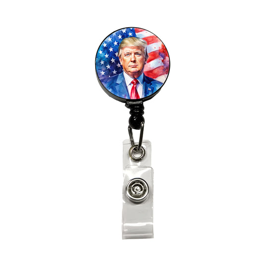 Patriotic Donald Trump American Flag Background Watercolor Retractable ID Key Card Name Tag Badge Holder with Clip