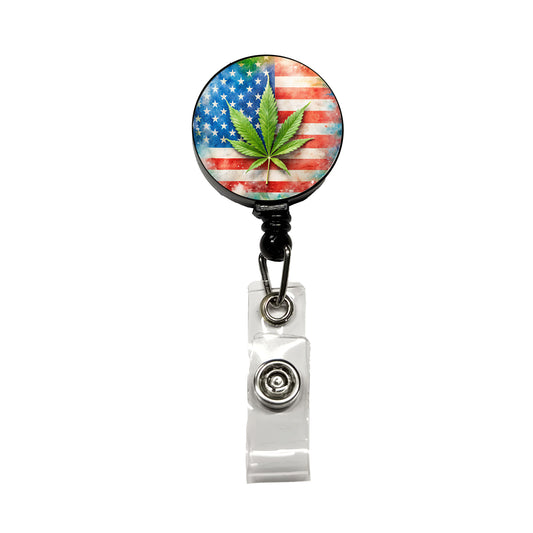 Patriotic Marijuana Leaf on American Flag Background Retractable ID Key Card Name Tag Badge Holder with Clip