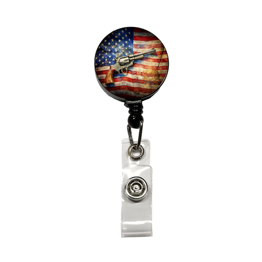 Patriotic Western Revolver With American Flag 2nd Amendment Watercolor Retractable ID Key Card Name Tag Badge Holder with Clip