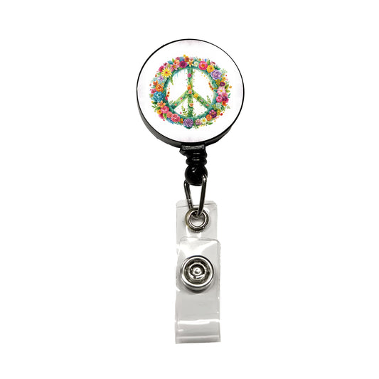 Peace Symbol Floral Watercolor Retractable ID Key Card Name Tag Badge Holder with Clip