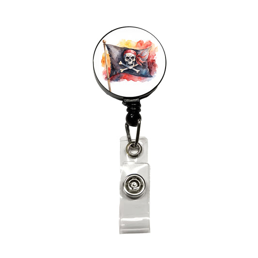 Pirate Jolly Roger Skull Crossbones Flag Watercolor Retractable ID Key Card Name Tag Badge Holder with Clip