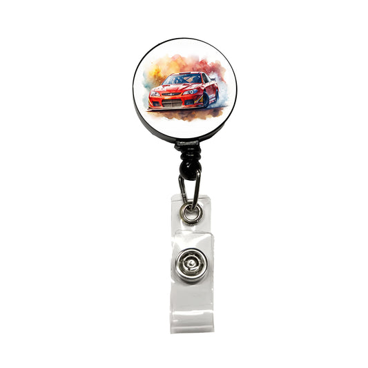 Red Stock Racing Car Watercolor Retractable ID Key Card Name Tag Badge Holder with Clip
