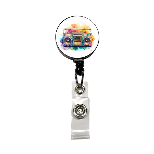 Retro Boom Box Radio Cassette Player Watercolor Retractable ID Key Card Name Tag Badge Holder with Clip