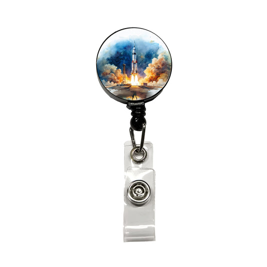 Rocket Spaceship Launch Sci-fi Watercolor Retractable ID Key Card Name Tag Badge Holder with Clip