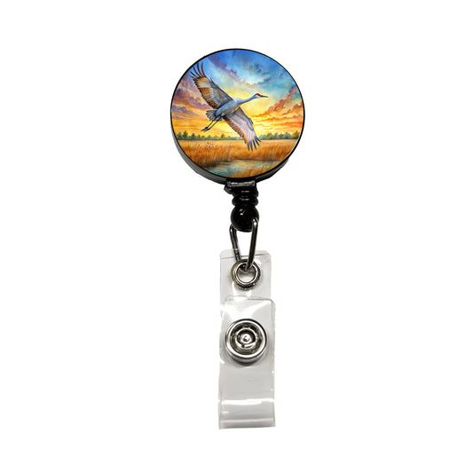 Sandhill Crane In Flight At Sunset Watercolor Retractable ID Key Card Name Tag Badge Holder with Clip