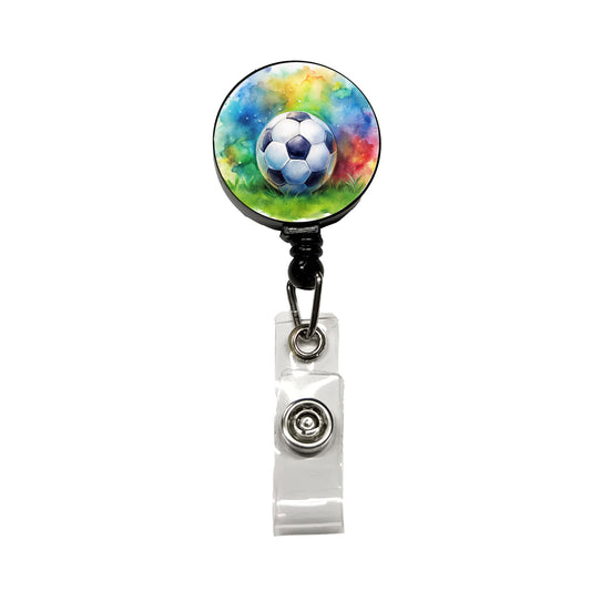 Soccer Ball On Field Watercolor Retractable ID Key Card Name Tag Badge Holder with Clip