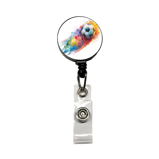 Soccer Ball Rocketing Through The Air Watercolor Retractable ID Key Card Name Tag Badge Holder with Clip
