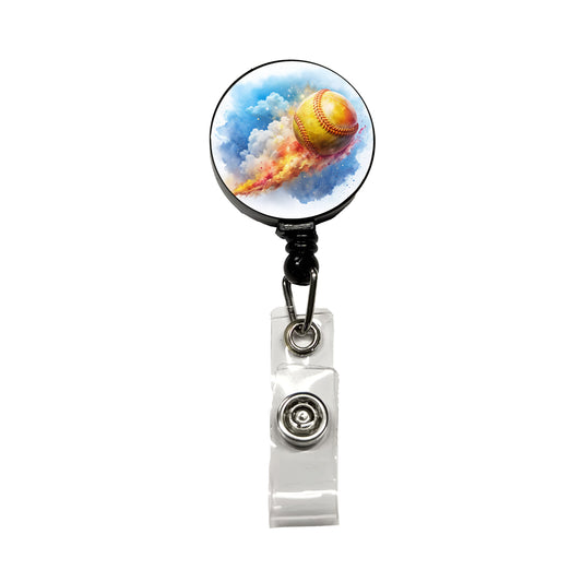 Softball Rocketing Through The Sky Watercolor Retractable ID Key Card Name Tag Badge Holder with Clip