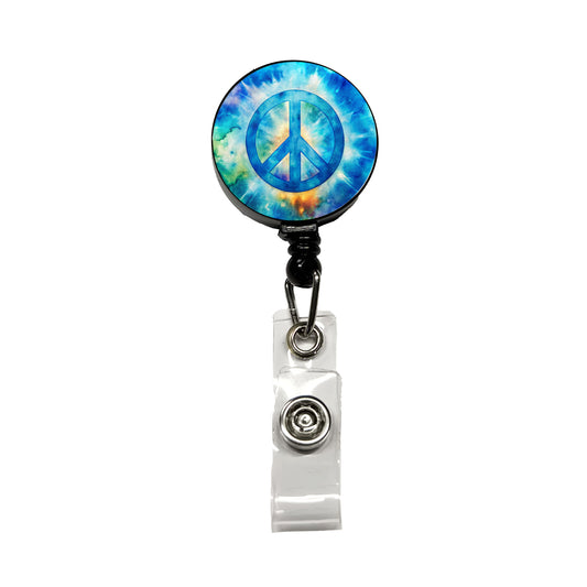 Solid Blue Peace Symbol Tie Dye Background Hippie Watercolor Retractable ID Key Card Name Tag Badge Holder with Clip