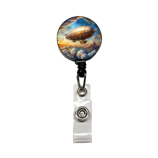 Steampunk Airship Dirigible Flying in Cloudy Sky Fantasy Sci-fi Retractable ID Key Card Name Tag Badge Holder with Clip