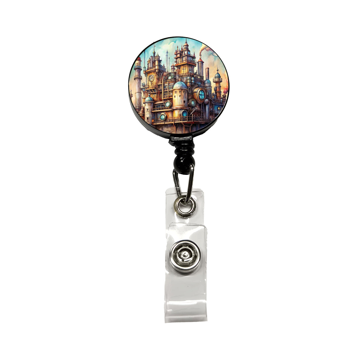 Steampunk Castle City Fantasy Sci-fi Retractable ID Key Card Name Tag Badge Holder with Clip