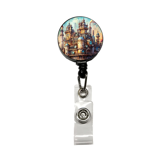 Steampunk Castle City Fantasy Sci-fi Retractable ID Key Card Name Tag Badge Holder with Clip