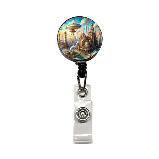 Steampunk City and Airship Fantasy Sci-fi Scene Retractable ID Key Card Name Tag Badge Holder with Clip