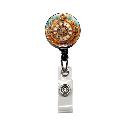 Steampunk Clock Fantasy Sci-fi Watercolor Retractable ID Key Card Name Tag Badge Holder with Clip