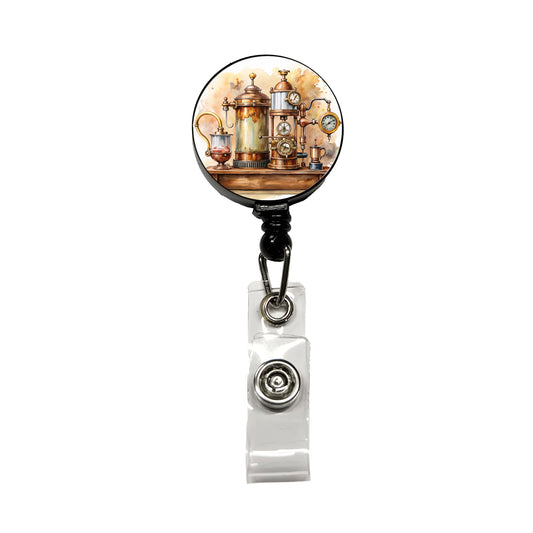 Steampunk Coffee Maker Fantasy Sci-fi Watercolor Retractable ID Key Card Name Tag Badge Holder with Clip
