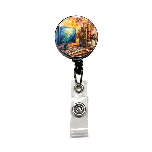 Steampunk Desktop PC Computer Fantasy Sci-fi Watercolor Retractable ID Key Card Name Tag Badge Holder with Clip