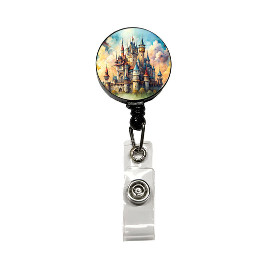 Steampunk Fantasy Castle Watercolor Retractable ID Key Card Name Tag Badge Holder with Clip