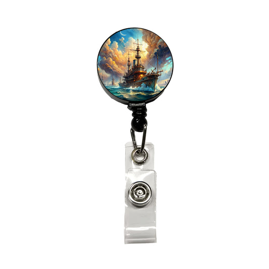 Steampunk Iron Warship Fantasy Sci-fi Watercolor Retractable ID Key Card Name Tag Badge Holder with Clip
