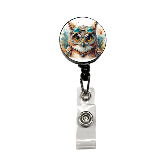 Steampunk Owl With Goggles Fantasy Sci-fi Watercolor Retractable ID Key Card Name Tag Badge Holder with Clip