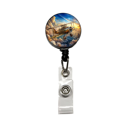Steampunk Plane Airship in Cloudy Sky Fantasy Sci-fi Retractable ID Key Card Name Tag Badge Holder with Clip