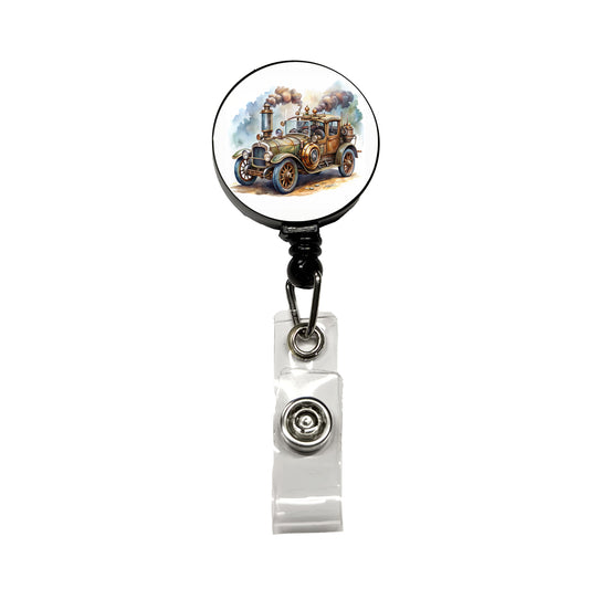 Steampunk Retro Fantasy Sci-fi Car Watercolor Retractable ID Key Card Name Tag Badge Holder with Clip