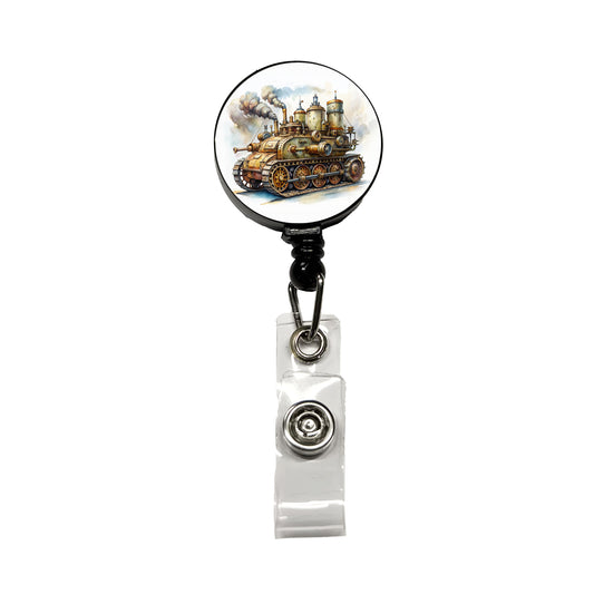 Steampunk Steam Engine Tank Fantasy Sci-fi Retractable ID Key Card Name Tag Badge Holder with Clip