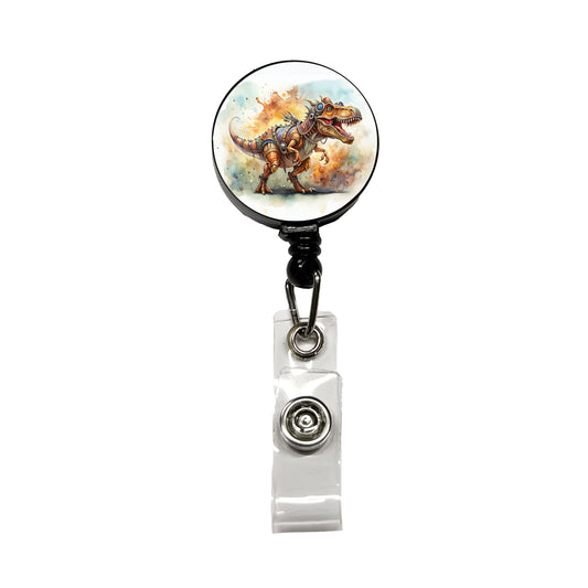 Steampunk T-Rex Dinosaur Fantasy Sci-fi Watercolor Retractable ID Key Card Name Tag Badge Holder with Clip