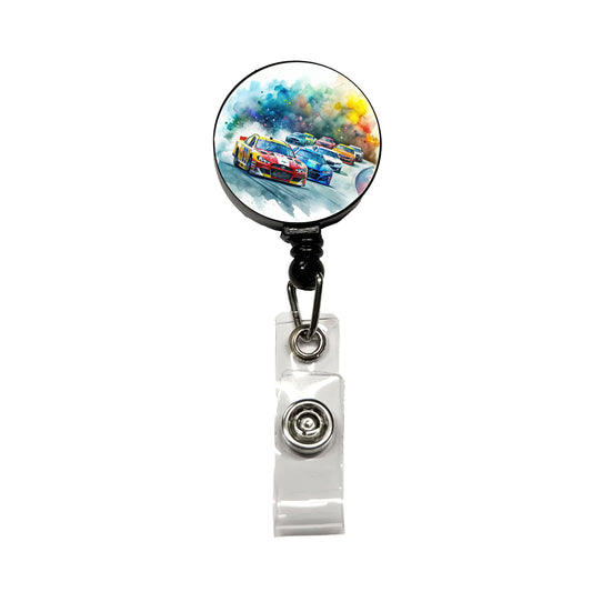 Stock Car Racing Watercolor Retractable ID Key Card Name Tag Badge Holder with Clip