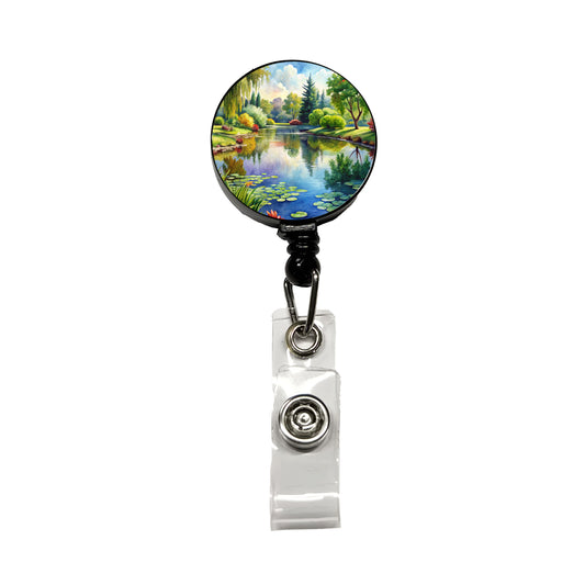 Tranquil Pond Scene Watercolor Retractable ID Key Card Name Tag Badge Holder with Clip