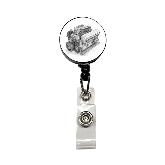 V8 Car Engine Sketch Retractable ID Key Card Name Tag Badge Holder with Clip