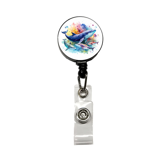Whales Family Colorful Watercolor Retractable ID Key Card Name Tag Badge Holder with Clip
