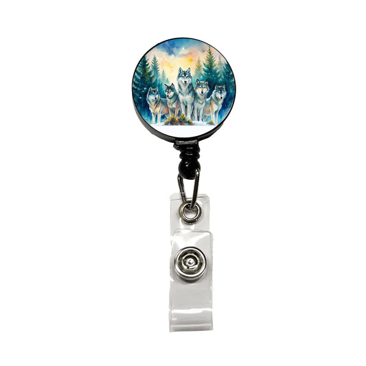Wolfpack Snowy Forest Wolf Scene Watercolor Retractable ID Key Card Name Tag Badge Holder with Clip