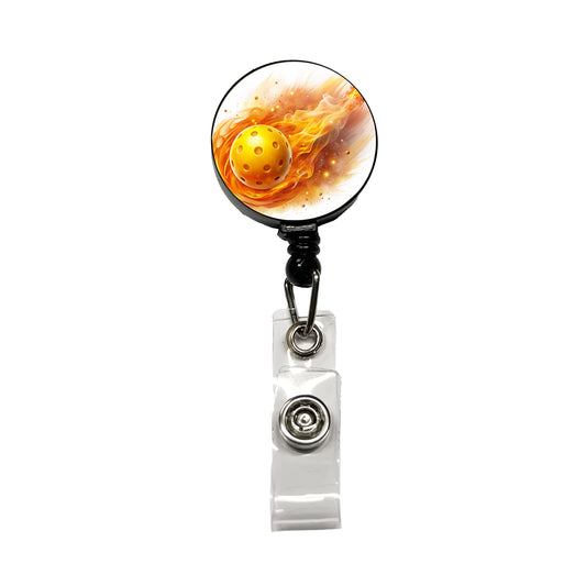 Yellow Pickleball Ball Rocketing Through The Air Retractable ID Key Card Name Tag Badge Holder with Clip