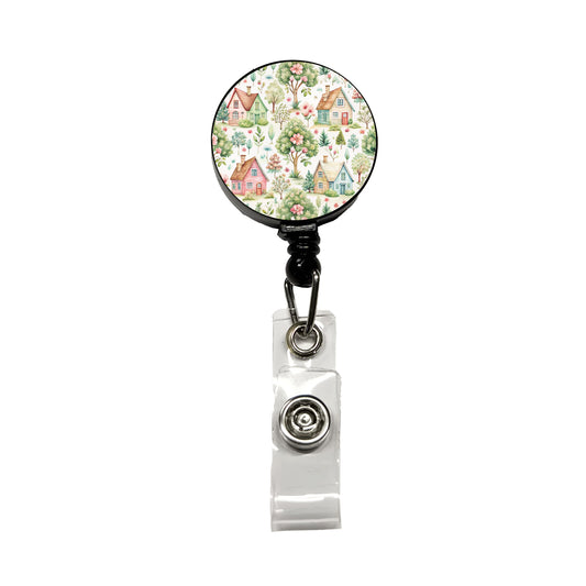 Cottagecore Cute Country Homes Pattern Retractable ID Key Card Name Tag Badge Holder with Clip