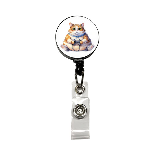 Fat Gamer Kitty Retractable ID Key Card Name Tag Badge Holder with Clip