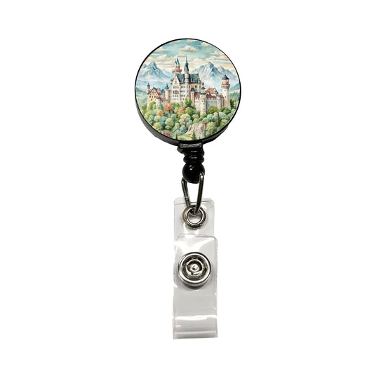 German Castle Watercolor Neuschwanstein Retractable ID Key Card Name Tag Badge Holder with Clip
