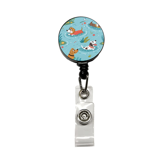Dogs Swimming Playing In Pond Retractable ID Key Card Name Tag Badge Holder with Clip