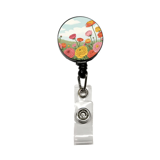 Field Of Ranunculus Flowers Retractable ID Key Card Name Tag Badge Holder with Clip