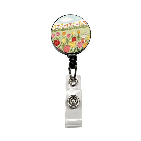 Field Of Tulips And Bunny Flowers Retractable ID Key Card Name Tag Badge Holder with Clip