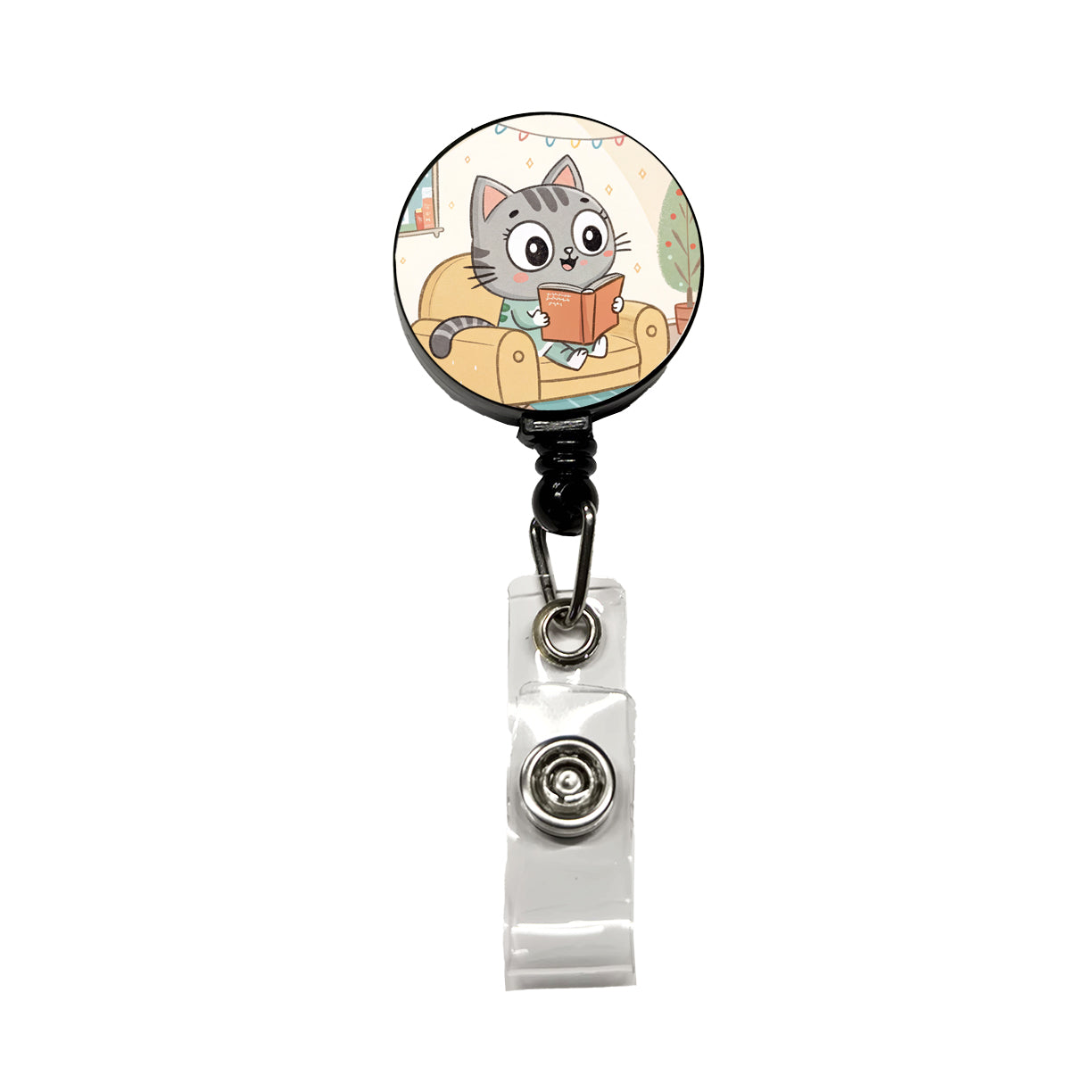 Kawaii Cat Reading Book On Couch Reader Retractable ID Key Card Name Tag Badge Holder with Clip