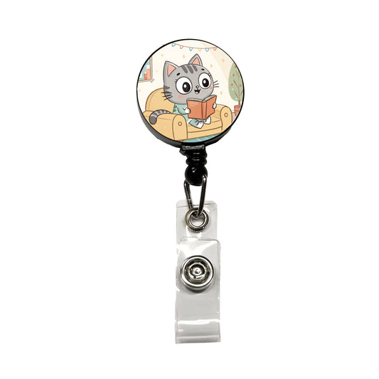Kawaii Cat Reading Book On Couch Reader Retractable ID Key Card Name Tag Badge Holder with Clip
