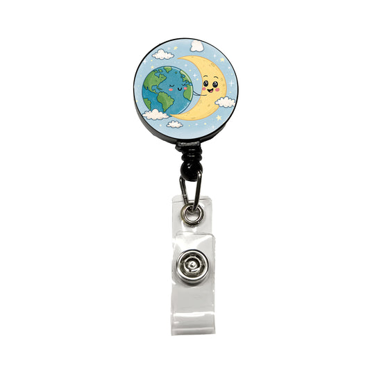 Kawaii Earth And Crescent Moon Retractable ID Key Card Name Tag Badge Holder with Clip