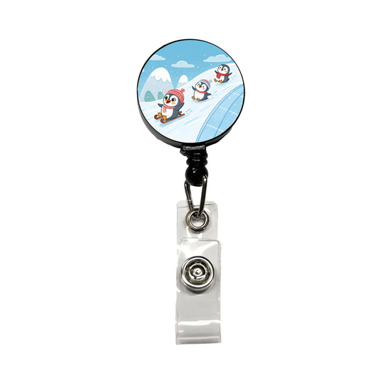Kawaii Penguins Sledding Snow Retractable ID Key Card Name Tag Badge Holder with Clip
