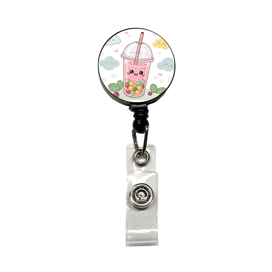 Kawaii Pink Boba Bubble Tea Retractable ID Key Card Name Tag Badge Holder with Clip