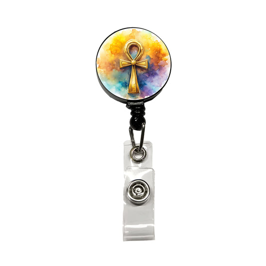 Ancient Egyptian Gold Ankh Watercolor Retractable ID Key Card Name Tag Badge Holder with Clip
