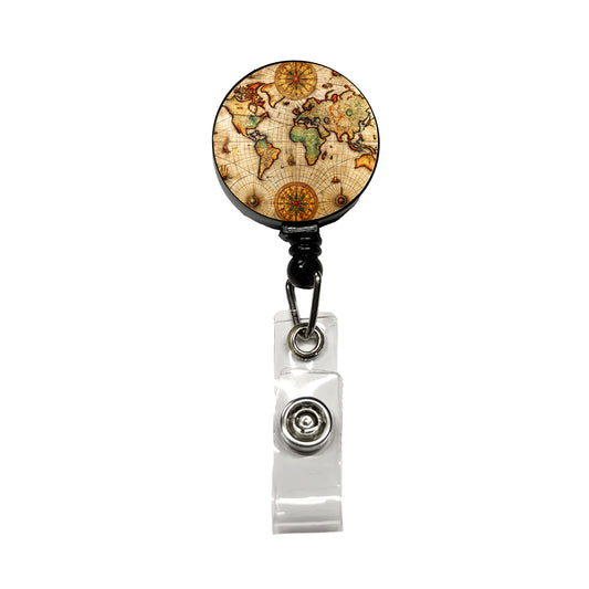 Ancient Maritime Nautical World Map Retractable ID Key Card Name Tag Badge Holder with Clip