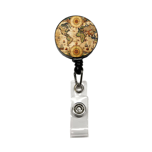 Ancient Nautical World Maritime Map Retractable ID Key Card Name Tag Badge Holder with Clip