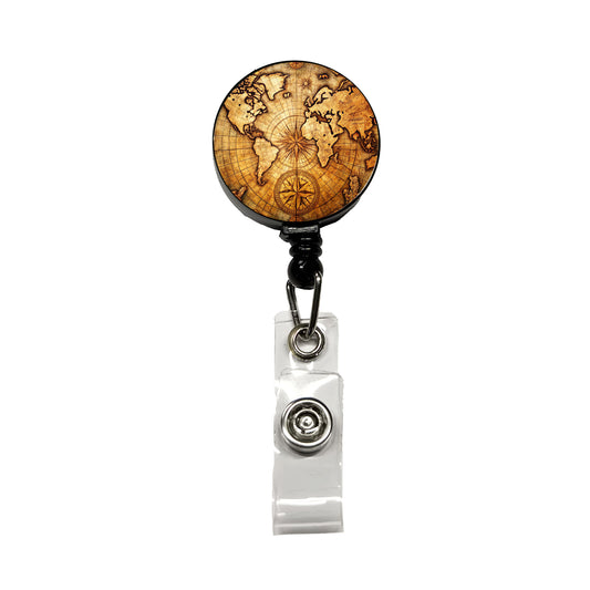 Ancient World Map with Compass Rose Retractable ID Key Card Name Tag Badge Holder with Clip