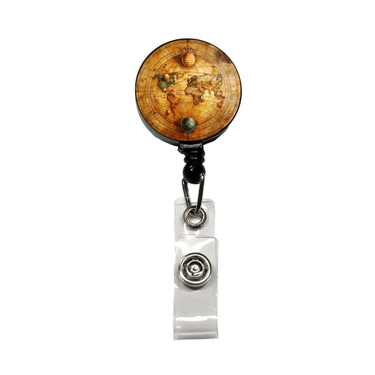 Ancient Worn Map Of The Earth and Solar System Retractable ID Key Card Name Tag Badge Holder with Clip