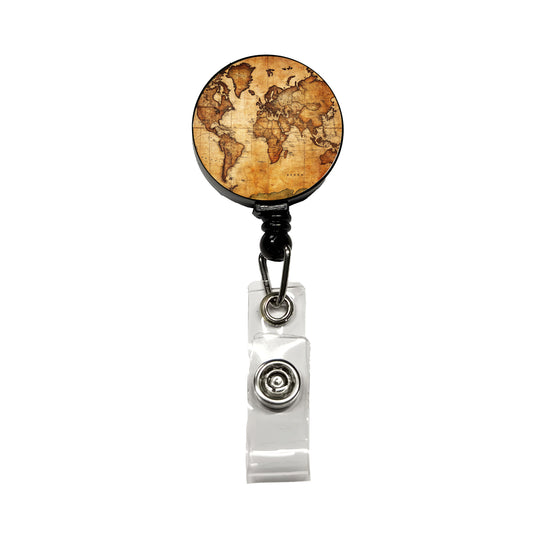 Ancient Worn Map Of The World Continents Retractable ID Key Card Name Tag Badge Holder with Clip